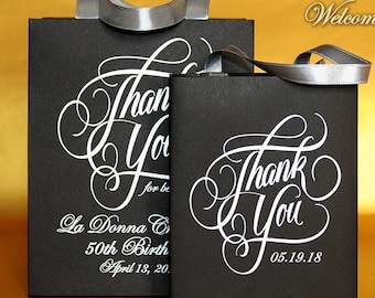Personalized Party Favor Bags: Black & Silver Ribbon Handles