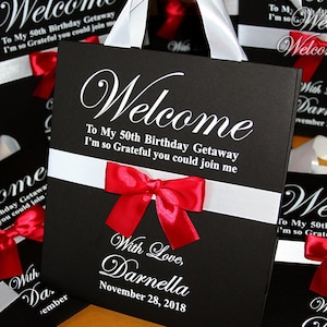 Black party favor bag with satin ribbon handles, bow and your name Birthday party gift bags. Anniversary party gift and favors for guests