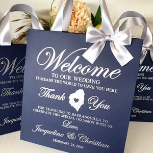 50 Welcome gift bags for destination Wedding, Custom hotel paper bags, Out of town bags, Navy blue wedding Thank you gift bags for guests.