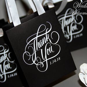 Thank You Gift Bags with ribbon and name - Custom Hotel bags - Elegant Black Paper Hotel Bags, Out of Town Bags - Black & White Wedding bags