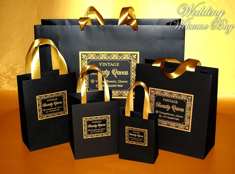 Black & Gold Custom Logo Gift Bags With Ribbon Handles Etsy