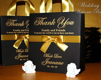 Black & Gold Birthday Gift Bags with ribbon, bow and name - Black Personalized gift bags for guests - Destination Anniversary Gift Favors