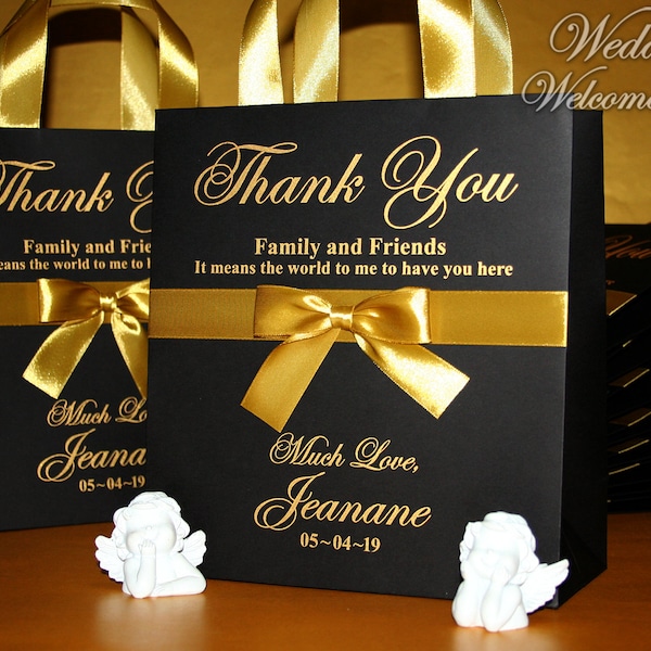 Black & Gold Birthday Gift Bags with ribbon, bow and name - Black Personalized gift bags for guests - Destination Anniversary Gift Favors