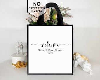 30 Welcome bags with ribbon handles, your names for wedding guests gifts, Elegant Black and White personalized favor for guests