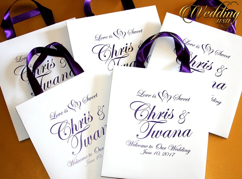 Elegant Black Paper Bags Out of Town Hotel Bags 10 Wedding Gift Bags with ribbon /& name Personalized Paper Bags Custom Wedding Bags