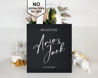 25-10 pcs Welcome bags with ribbon handles, your names for wedding guests gifts, Chic White and Black personalized favor for party guests