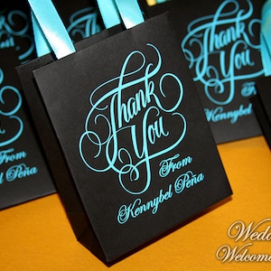 30 SMALL Birthday gift bags with satin ribbon handles and your name Anniversary party gift and favors for guests Thank you party favor bags