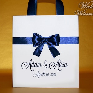Classic welcome gift bags with satin ribbon, bow and tag for wedding guests, Custom wedding bags, wedding favor bags, welcome wedding bags