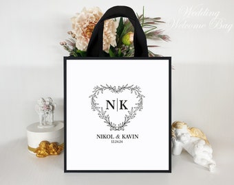 Personalized Wedding Welcome Bags – Heart Floral Monogram, Boho Gift Bags
