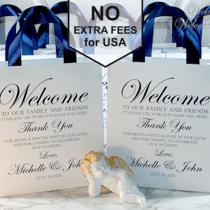 Welcome gift bags set of 15-30, Custom hotel bags, Paper hotel bags, Navy blue wedding bags, Thank you gift bags for wedding guests