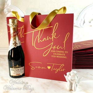 Bordeaux thank you gift bags with gold ribbon handles and your names, set of 15/20/25/30 Personalized hotel bags for wedding guests