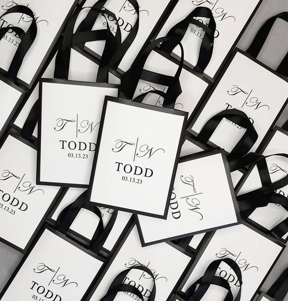 Monogram Wedding Gift Bag, Chic Black & White Favor Bag