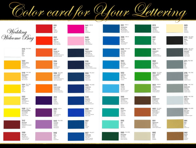May include: Color chart with 100 different color swatches. Each swatch is labeled with a number. The chart is titled "Color card for Your Lettering".