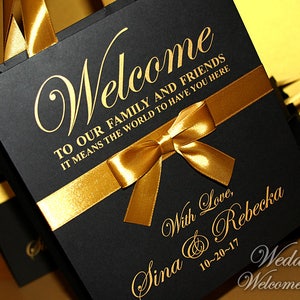 Black & Gold Wedding Gift Bags with ribbon, bow and name - Black Personalized gift bags for wedding guests - Destination Wedding Gift Favors