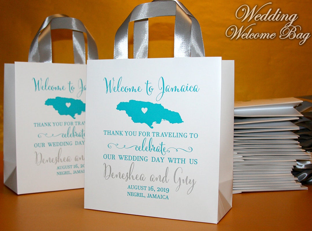 50 to Jamaica Gift Bags for Wedding Guests With Ribbon, Name