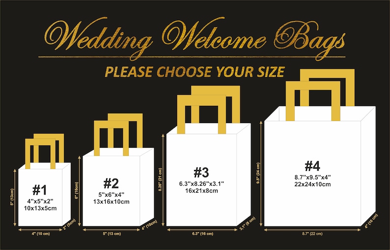 May include: White wedding welcome bags with gold handles in various sizes. The image includes measurements in inches and centimeters, with the text "Wedding Welcome Bags" and "PLEASE CHOOSE YOUR SIZE".