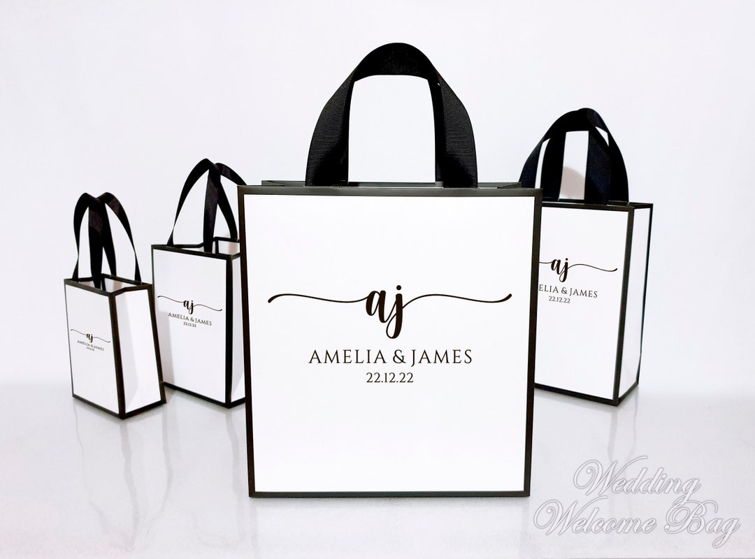 25 Welcome Bags With Ribbon Handles Your Monogram and Names for Wedding Guests Gifts Elegant Black and White Personalized Favor for Guests Etsy