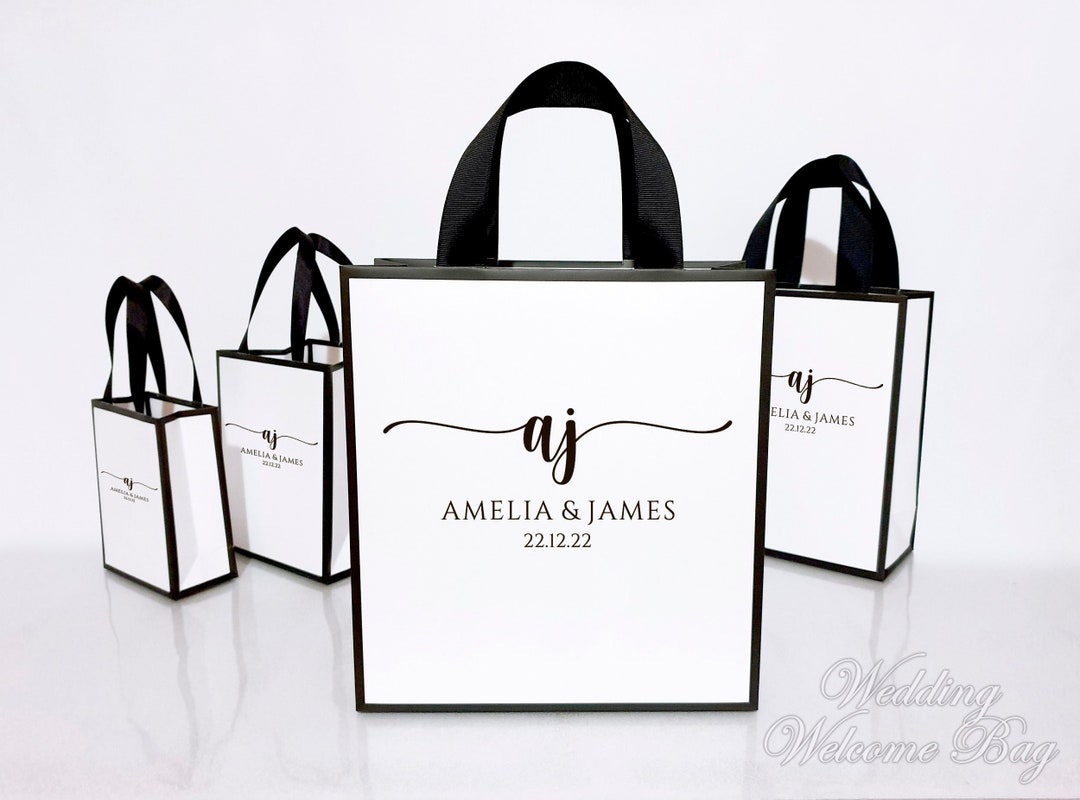 Light Blue Medium Personalized Monogram Welcome Gift Bags with Silver Foil  - 12 Pc.