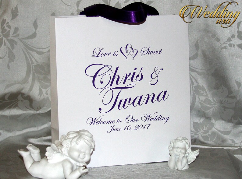 Elegant Black Paper Bags Out of Town Hotel Bags 10 Wedding Gift Bags with ribbon /& name Personalized Paper Bags Custom Wedding Bags