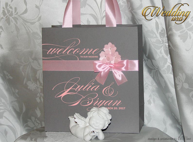Guest or Bridal Shower gift bags Custom paper bags 50 Rose /& Gray Personalized Out of Town Welcome Bag with satin ribbon and your tag