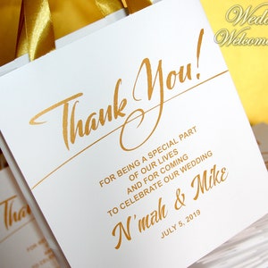 Gold Wedding welcome bag with ibbon handles and your names, Personalized Thank You wedding favors for your guests