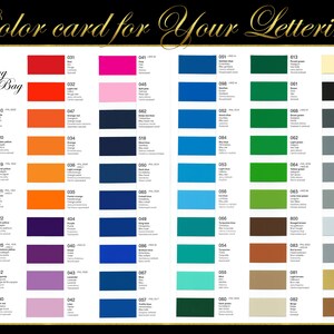May include: Color card with 100 different color swatches. Each swatch is labeled with a number and a short description of the color. The color card is titled "Color card for Your Lettering".