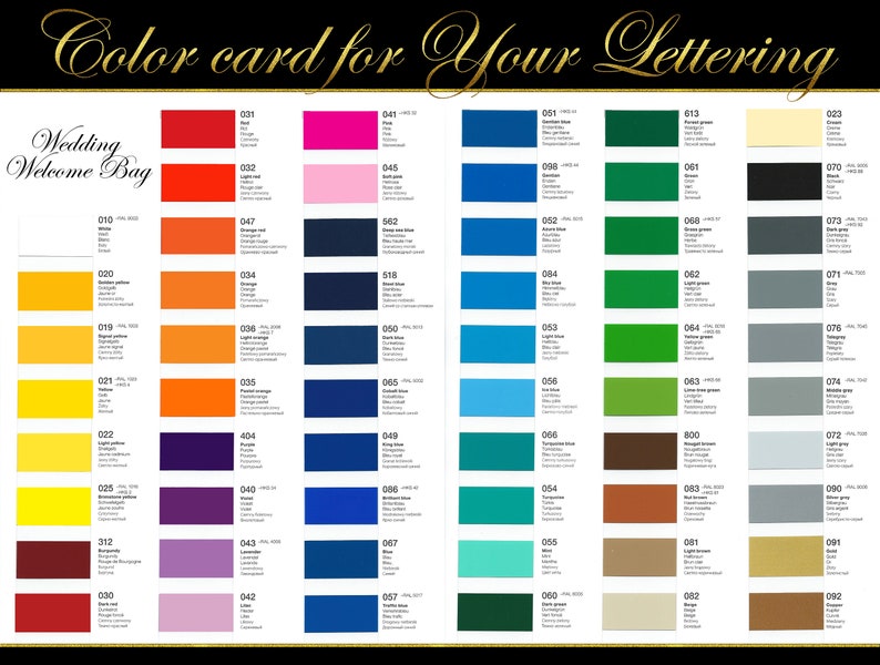May include: Color card with 100 different color swatches. Each swatch is labeled with a number and a short description of the color. The color card is titled "Color card for Your Lettering".