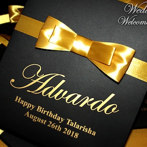 Black & Gold Birthday gift bags with satin ribbon handles, bow tie, you and your guests names Anniversary party gift and favors for guests