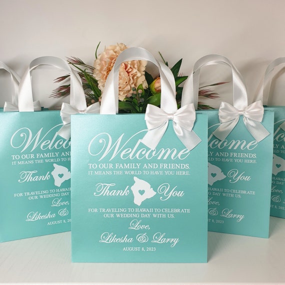 Custom Destination Wedding Welcome Bags: Mint & White with Satin Bow
