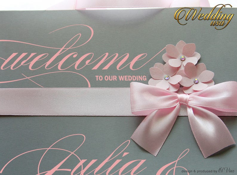 Guest or Bridal Shower gift bags Custom paper bags 50 Rose /& Gray Personalized Out of Town Welcome Bag with satin ribbon and your tag