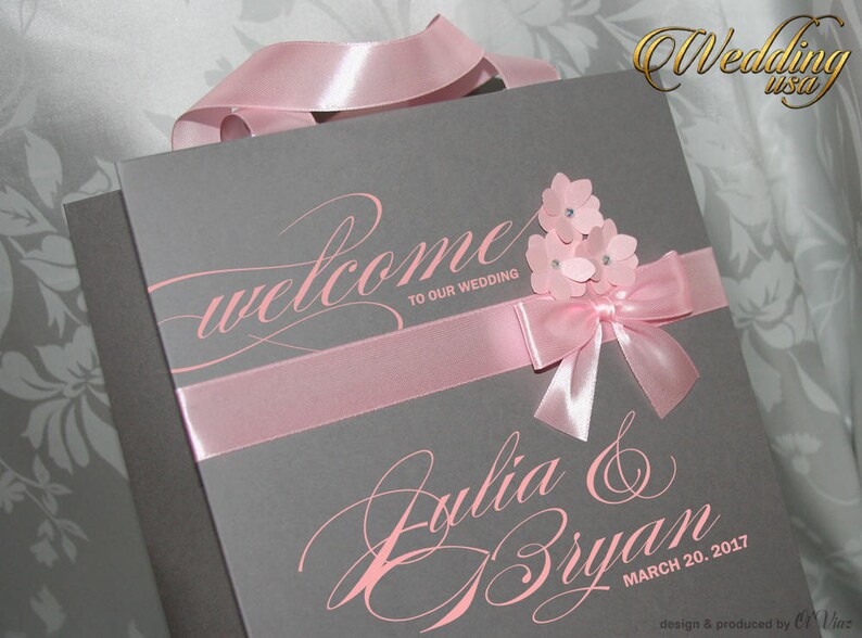 Guest or Bridal Shower gift bags Custom paper bags 50 Rose /& Gray Personalized Out of Town Welcome Bag with satin ribbon and your tag