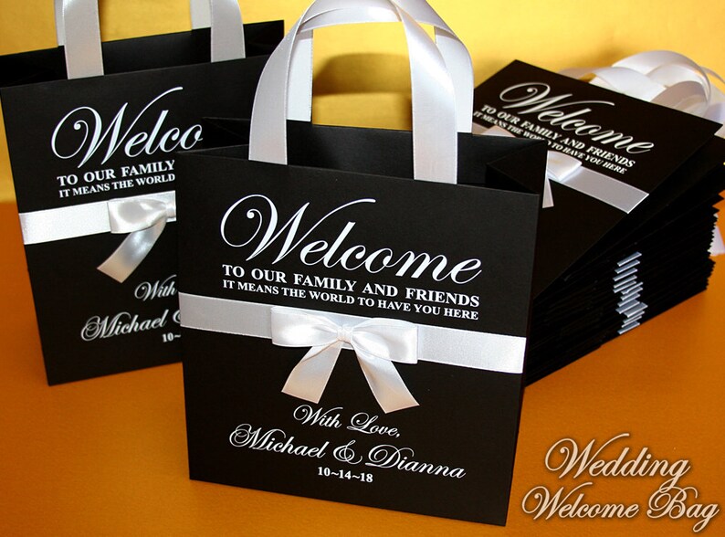 White Gold Wedding Gift Bags With Ribbon Bow And Name Etsy