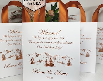 Custom Mountain Wedding Welcome Bags, Hotel Guest Gift with Satin Handles set of 15-30pcs