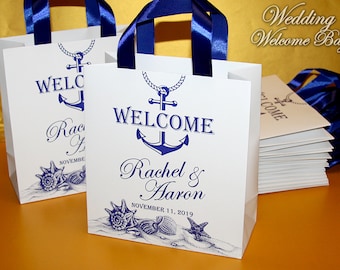 Personalized Navy Wedding Welcome Bags with Ribbon Handles