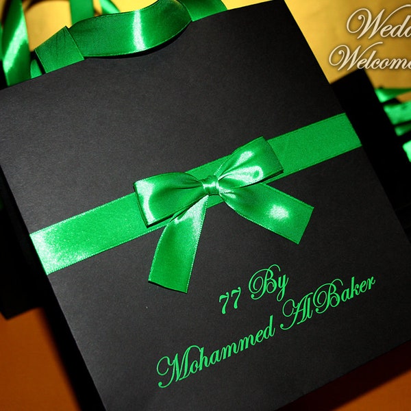 Black & Green Birthday Gift Bags with ribbon, bow and name Black Personalized gift bags for guests Destination anniversary gift favors