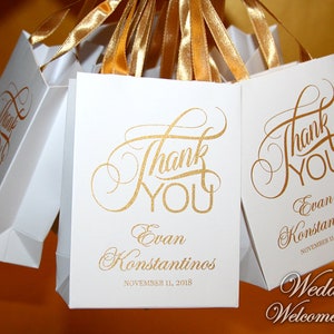 30 Party favor bags with satin ribbon handles and your name Birthday party gift bags. Anniversary party gift and favors for guests