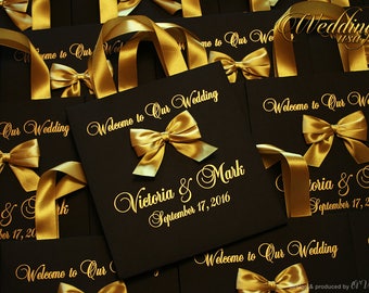 Black & Gold Wedding Gift Bags with ribbon, bow and name. Black Personalized gift bags for wedding guests. Destination Wedding Gift Favor