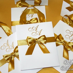Monogram wedding welcome bag with ribbon, bow, Gold personalized welcome gift bag for wedding hotel guest