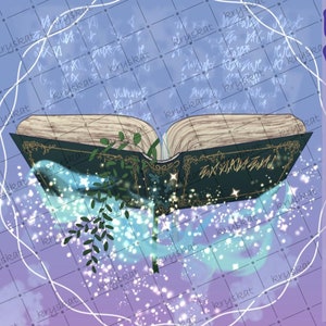 May include: An open book with green pages and gold accents floats against a purple background with white sparkles. The text "FLOATING BOOK VTUBER ASSET" is in the upper right corner. The text below reads "CAN BE USED AS A "DRAWING TABLET", REQUIRES A RIGGED HAND FOR EFFECT FLOATING FONT AND LEAVES CAN BE REMOVED VIA TRANSPARENCY IN VTUBE STUDIO GOOD FOR DRAWING STREAMS OR READING STREAMS!"