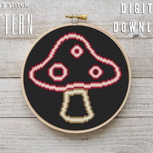 Mushroom Neon Sign cross stitch, easy, beginner pattern, modern cross stitch