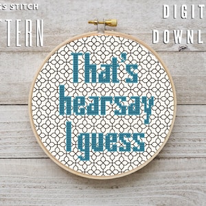 Può includere: Un modello a punto croce in un telaio di legno. Il design presenta il testo "That's hearsay I guess" in blu teal, su uno sfondo geometrico in bianco e nero. Sono visibili anche le parole "Cross Stitch Pattern" e "Digital Download".