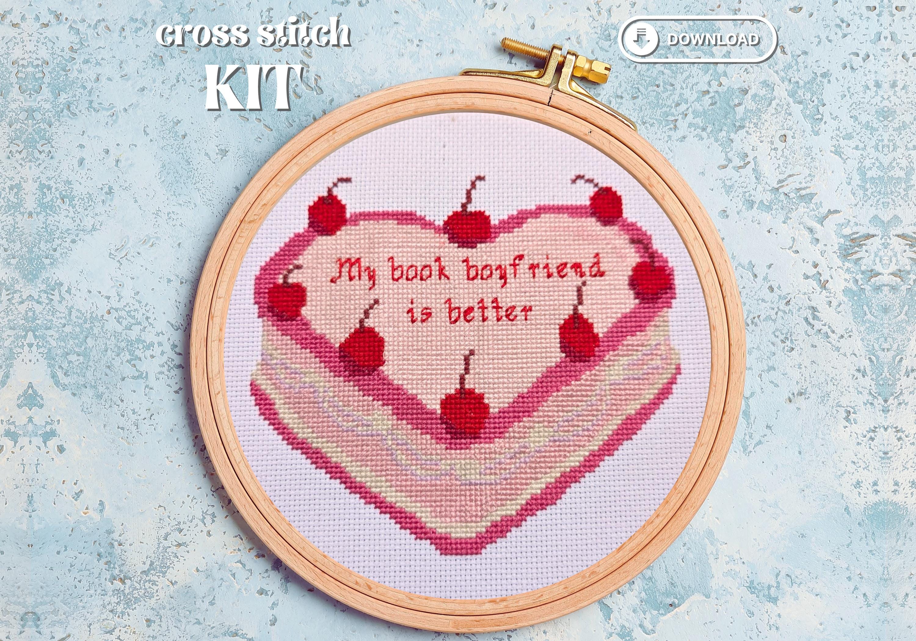 My Book Boyfriend is Better Heart Cake, cross stitch kit, DIY, soft girl aesthetic, pastel, coquette