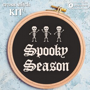 Spooky Season Cross Stitch Kit, Halloween cross stitch, black aida cloth, skeleton cross stitch, Halloween decoration, hoop art decor