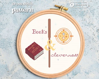 Libros y Cleverness patrón punto de cruz, descarga digital, brujas, magia, fantasía, ratón de biblioteca