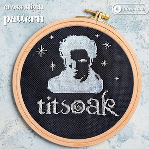 May include: A black and white cross stitch pattern of a person's silhouette with the text "titsoak" underneath. The pattern is framed in a wooden hoop and set against a blue background.