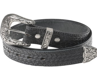 Black Leather Western Belt With Silver Buckle and Tip US  display picture 1