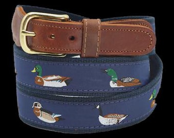 Waterfowl leather Tab men's classic belt on a Navy webbing