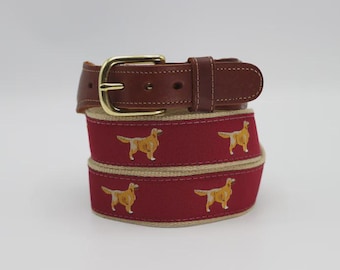 Golden Retriever leather Tab men's classic belt on a Khaki webbing
