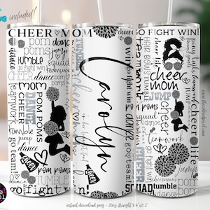 20 Unzen Skinny Tumbler CheerMom Silber Glitter Cheer Mom Worte Cheerleader Sublimation Design Digitaler Download PNG Fügen Sie Ihren eigenen Namen oder Text hinzu