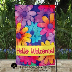 Hippie Flowers Welcome Garden Flag Digital Design | Instant Download | Yard Flag PNG | Design for Sublimation | Patio Decor | PNG Format